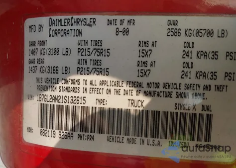 2001 Dodge Dakota Slt/Sport from USA, damaged, VIN 1B7GL2AN21S132615